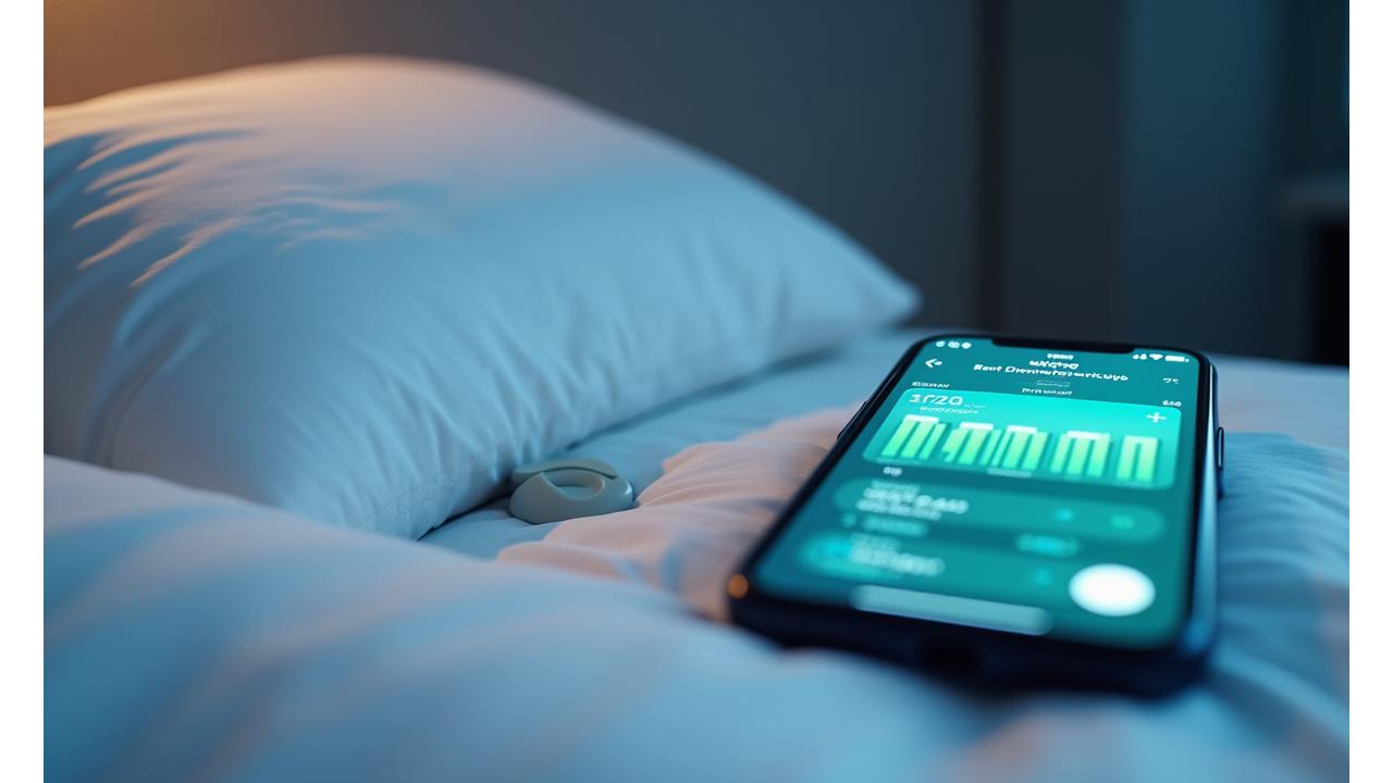 A close-up of a discreet under-mattress sleep tracking sensor paired with a smartphone displaying detailed sleep cycle analysis. Calming blue and green hues.