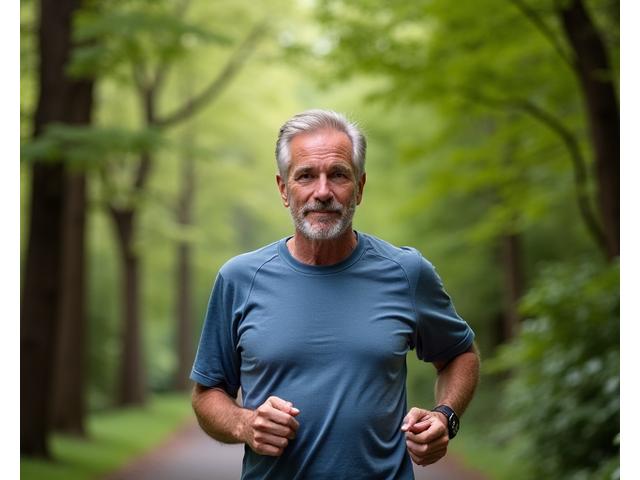 A middle-aged man briskly walking on a scenic path in Forest Park, Portland, demonstrating heart-healthy cardio that requires no gym membership.