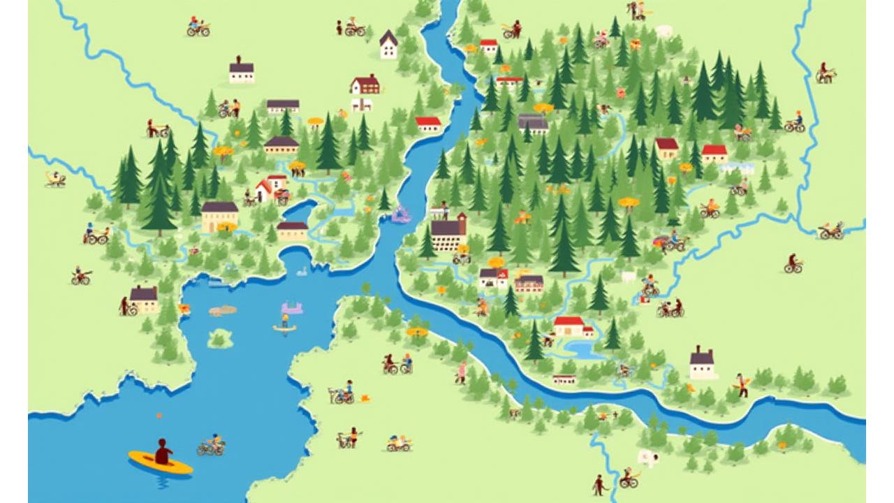 A vibrant artistic map illustration of Portland, highlighting key parks (Forest Park, Washington Park) and active community areas, with small active figures engaging in outdoor activities, suitable for showing local fitness resources for adults.