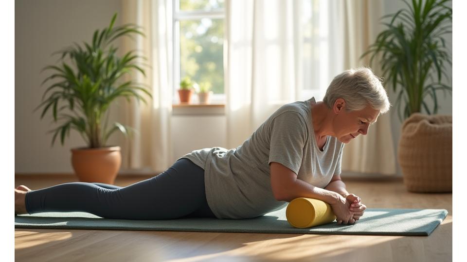 An adult performing gentle foam rolling on their back, focusing on muscle recovery and injury prevention in a comfortable home setting.